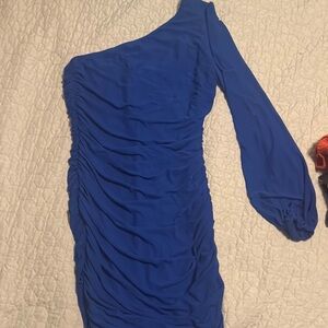 Blue Ruched One-Shoulder Bodycon Dress